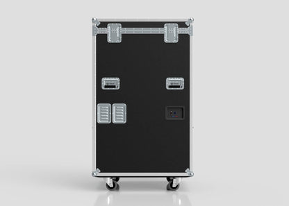 The Catering Case is a black rectangular equipment case with metal edges, handles, latches, ventilation grilles, and four caster wheels. Its external dimensions are 911 x 735 x 1567 mm and it stands against a plain background.