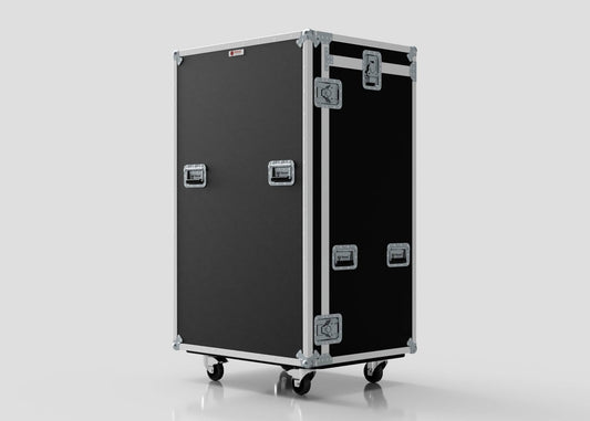 The Catering Case is a large black equipment case with metal edges, handles, latches, and caster wheels, shown upright against a plain background. Its external dimensions are 911 x 735 x 1567 mm.