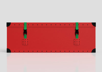 The Christmas Tree Storage Box is a rectangular red case with black corner protectors, green straps, and black buckles, shown on a white background—perfect for storing your Christmas tree or organizing holiday decorations.