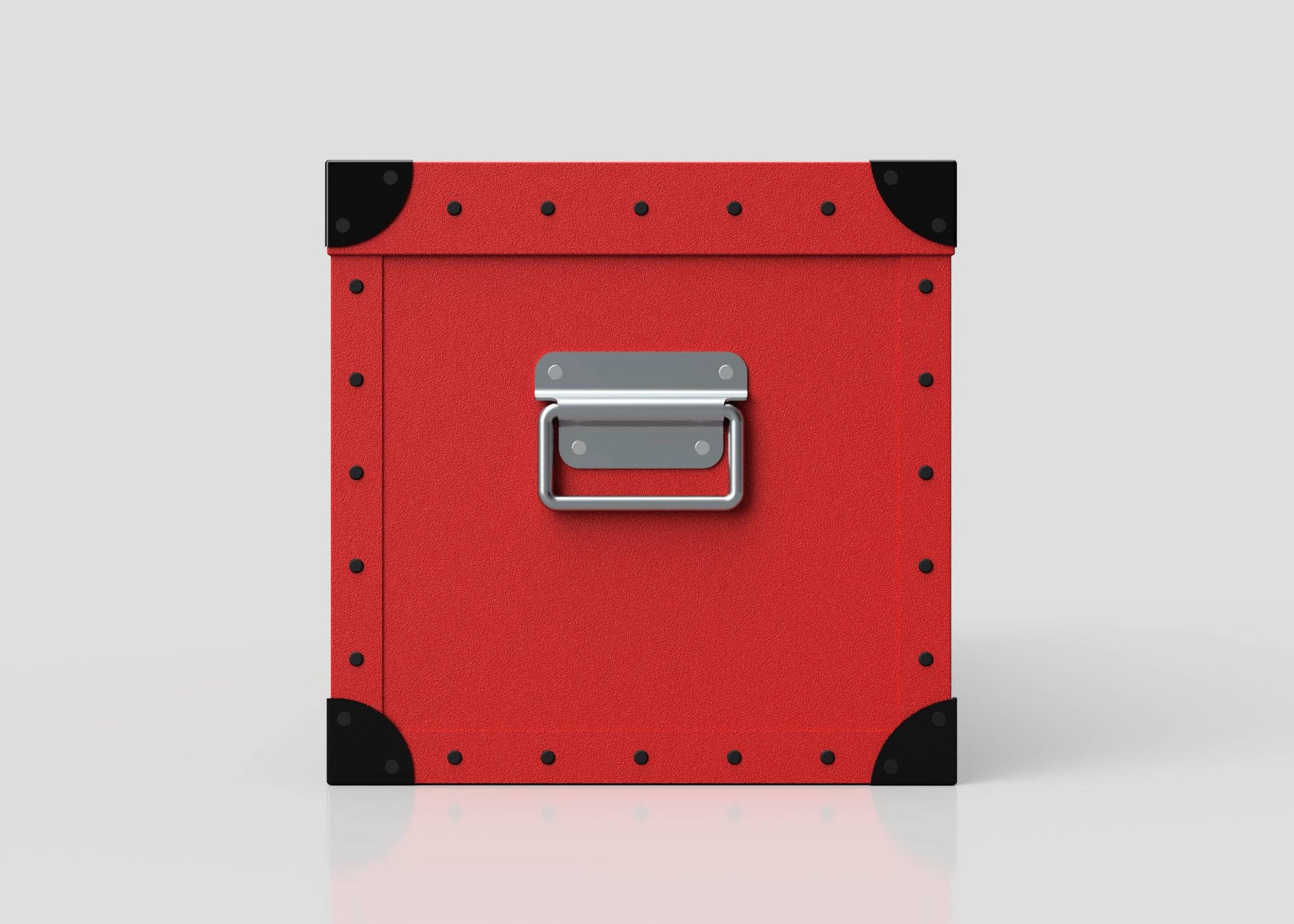 Front view of the Christmas Tree Storage Box in red, featuring black corner protectors, black rivets, and a metal handle, shown against a plain light background.