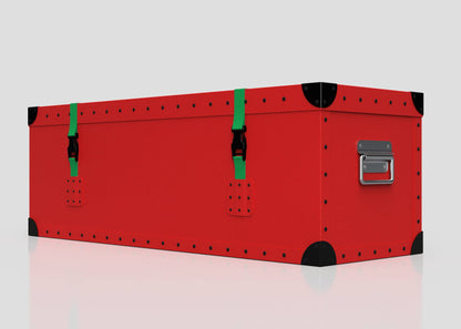 The Christmas Tree Storage Box is a rectangular red trunk with black corner protectors, green straps, black buckles, and a silver side handle, placed on a white surface against a plain background.