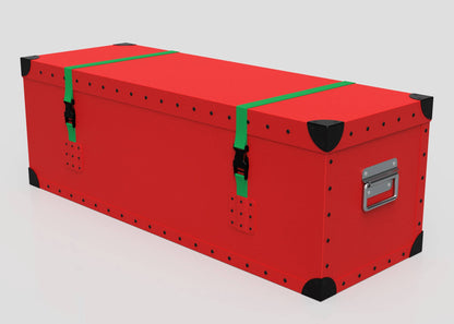 The Christmas Tree Storage Box is a large red trunk with black corner protectors, green straps, and metal latches—ideal for organizing Christmas decorations—shown on a white background.
