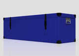 The Cricket Storage Poly Case (Large) is a rectangular blue polyethylene box with black corner protectors, metal rivets, two black straps with side-release buckle, and a metal handle at one end, shown on a plain white background.