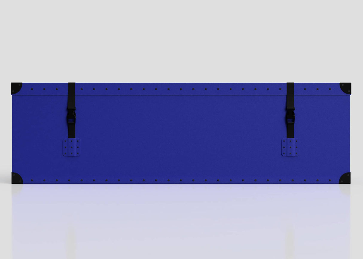 The Cricket Storage Poly Case (Large) is a blue rectangular polyethylene box featuring black corner protectors, a zinc drop handle, and two black straps shown on a light grey background.