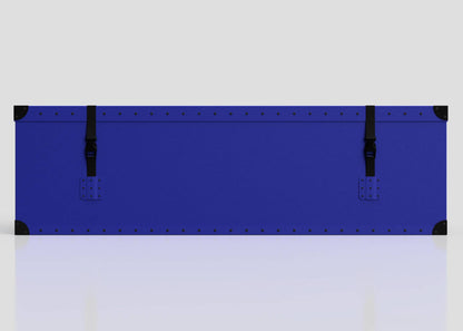 The Cricket Storage Poly Case (Large) is a blue rectangular polyethylene box featuring black corner protectors, a zinc drop handle, and two black straps shown on a light grey background.