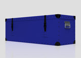 The Cricket Storage Poly Case (Medium) is a blue rectangular polyethylene box featuring black corner protectors, zinc drop handles, and two black webbing straps, displayed against a plain white background.