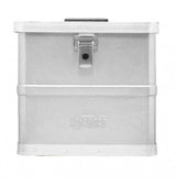 The Defender KA44-016 is a silver rectangular stackable storage box with a front latch closure and an embossed Defender logo, offering lightweight metal durability and style for your storage needs.