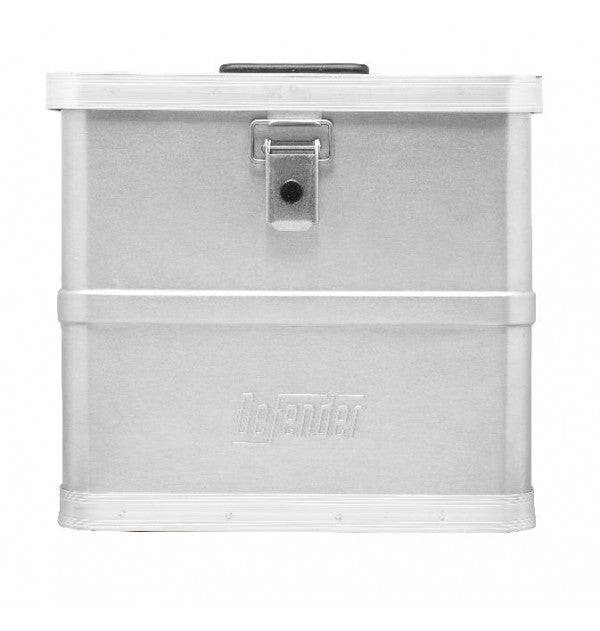 The Defender KA44-016 is a silver rectangular stackable storage box with a front latch closure and an embossed Defender logo, offering lightweight metal durability and style for your storage needs.