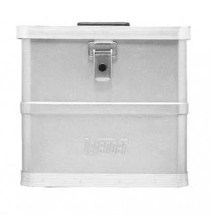 The Defender KA44-016 is a silver rectangular stackable storage box with a front latch closure and an embossed Defender logo, offering lightweight metal durability and style for your storage needs.