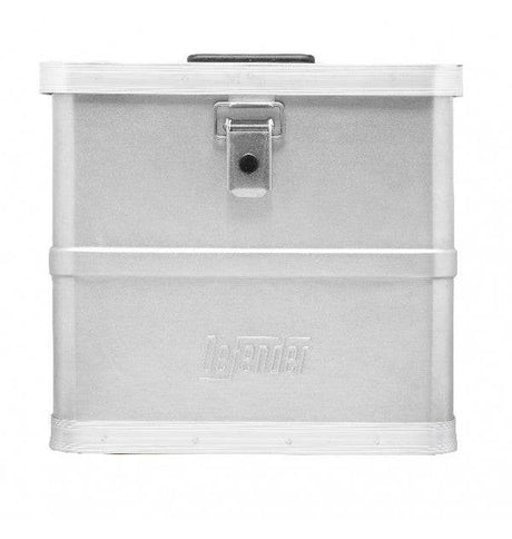 The Defender KA44-016 is a silver rectangular stackable storage box with a front latch closure and an embossed Defender logo, offering lightweight metal durability and style for your storage needs.