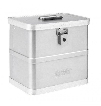 The Defender KA44-016 is a rectangular, silver, stackable metal storage box with a handle on the lid and a front latch—ideal for organizing and carrying your items.