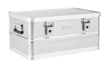 The Defender KA44-017 is a rectangular, silver, lightweight aluminium case featuring two front latches, metal side handles, and a slightly raised lid, shown against a white background.