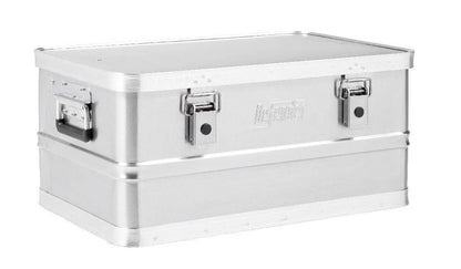 The Defender KA44-017 is a rectangular, silver, lightweight aluminium case featuring two front latches, metal side handles, and a slightly raised lid, shown against a white background.