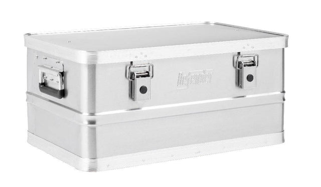 The Defender KA44-017 is a rectangular, silver, lightweight aluminium case featuring two front latches, metal side handles, and a slightly raised lid, shown against a white background.