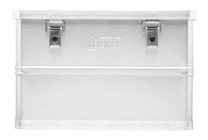 The Defender KA44-018 is a lightweight rectangular silver aluminum storage box with two latch closures and a subtle embossed logo, designed for easy transport and ideal for organizing essentials.