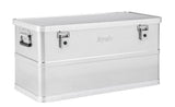 The Defender KA44-019 is a rectangular, lightweight aluminum box with side handles, two front latches, and a hinged lid—perfect as a stackable storage box to securely organize items.