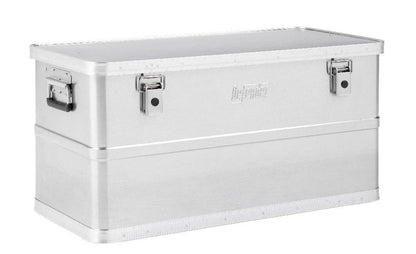 The Defender KA44-019 is a rectangular, lightweight aluminum box with side handles, two front latches, and a hinged lid—perfect as a stackable storage box to securely organize items.