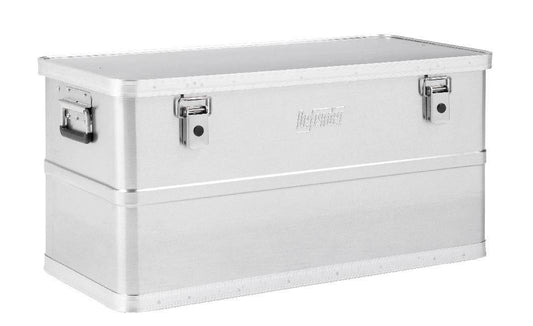The Defender KA44-019 is a rectangular, lightweight aluminum box with side handles, two front latches, and a hinged lid—perfect as a stackable storage box to securely organize items.