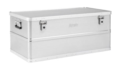 The Defender KA44-020 is a lockable, rectangular silver metal box with two latches, side handles, and a hinged lid—ideal as a stackable storage solution for versatile organization.