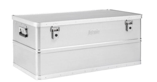 The Defender KA44-020 is a lockable, rectangular silver metal box with two latches, side handles, and a hinged lid—ideal as a stackable storage solution for versatile organization.