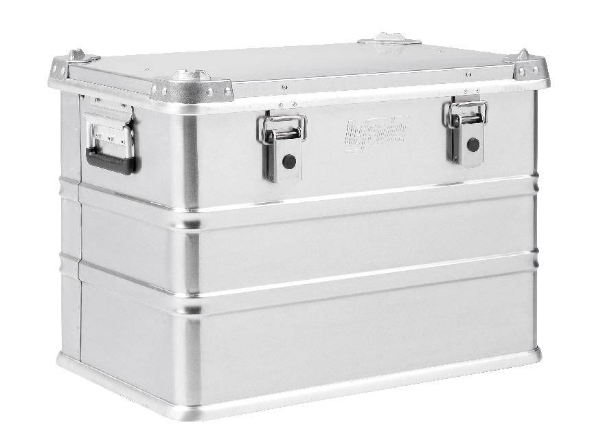 The Defender KA64-005 is a rectangular silver metal storage box with reinforced corners, two side handles, and two front latches; ideal as a 73L case or screen print case, with optional custom foam interior for added protection.