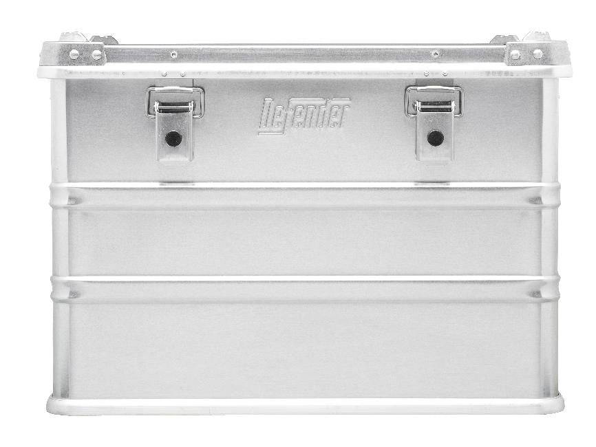 The Defender KA64-005 is a 73-litre silver metal case with two front latches, a ribbed reinforced structure, flat lid, “Defender” embossed in the center, and can be fitted with a custom foam interior for extra protection.