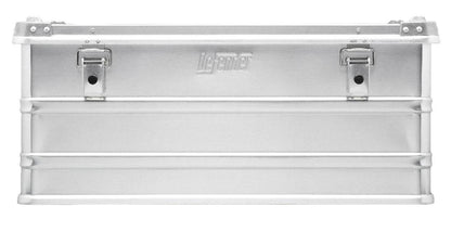 The Defender KA64-009 is a rectangular silver metal storage box featuring front latches, a custom foam interior, and an embossed LaCie logo in the center.