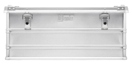 The Defender KA64-009 is a rectangular silver metal storage box featuring front latches, a custom foam interior, and an embossed LaCie logo in the center.