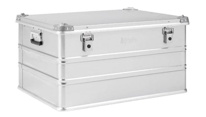 The Defender KA64-010, a large silver 155L case with reinforced corners, side handles, and two front latch closures, is displayed against a white background.