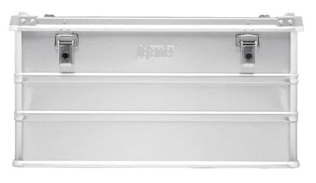 The Defender KA64-010 is a rectangular metal storage box with two front latch closures, embossed center branding, and optional custom foam inserts for tailored protection.