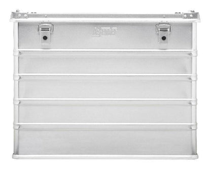 The Defender KA64-011 is a rectangular silver metal storage box with a 240L capacity, two front latches, horizontal ridges, and the brand name embossed at the center.