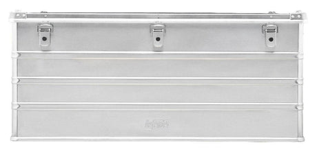 The Defender KA64-012 is a rectangular silver metal storage box with three lid latches, front horizontal ridges, and a custom routed foam interior for secure organization.