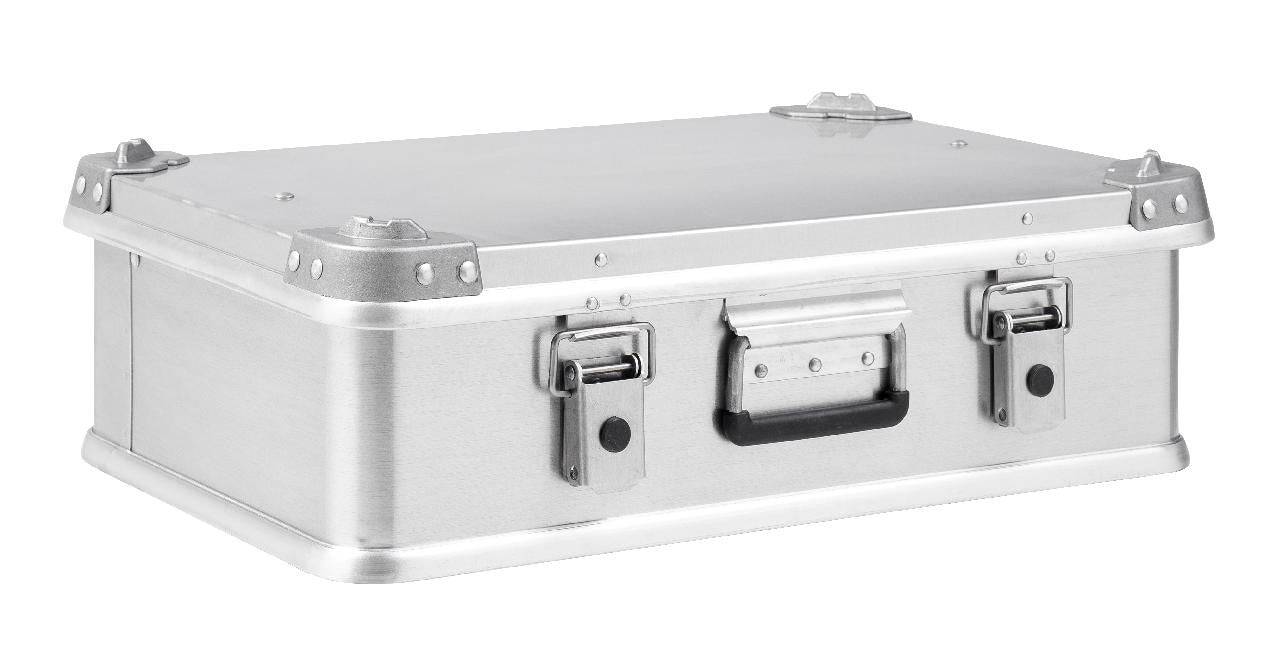 The Defender KA74-002 is a rectangular 29-litre silver metal case with reinforced corners, secure latches, and a black handle. Ideal for screen printing or custom foam interiors. Shown on a white background.