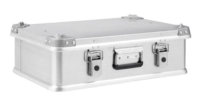 The Defender KA74-002 is a rectangular 29-litre silver metal case with reinforced corners, secure latches, and a black handle. Ideal for screen printing or custom foam interiors. Shown on a white background.