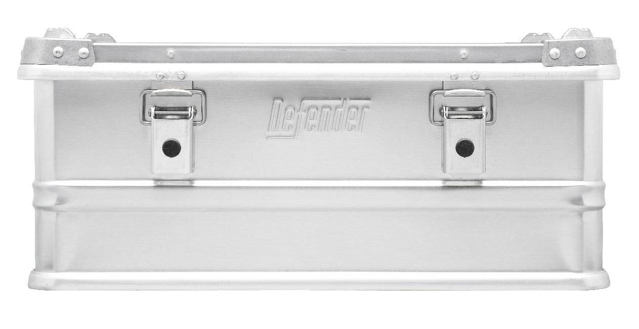 The Defender KA74-003 is a silver 42-litre case featuring two front latch closures and "Defender" embossed at the center.