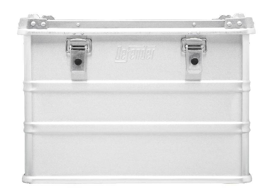 The Defender KA74-005 is a 73L rectangular metal storage box with two front latches and "Defender" embossed in the center, perfect for secure, spacious storage.