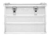 The Defender KA74-005 is a 73L rectangular metal storage box with two front latches and "Defender" embossed in the center, perfect for secure, spacious storage.