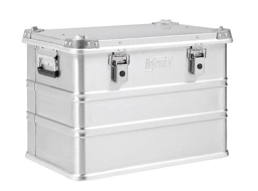 The Defender KA74-005 is a rectangular silver metal storage box with two latch locks and side handles, offering a 73-litre capacity, shown against a white background.
