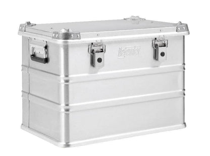 The Defender KA74-005 is a rectangular silver metal storage box with two latch locks and side handles, offering a 73-litre capacity, shown against a white background.