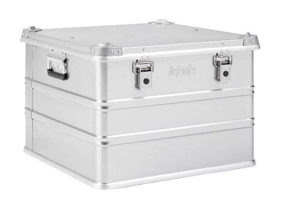The Defender KA74-007 is a silver metal storage box with corner reinforcements, side handles, and front latches. This 115 litre case is displayed against a white background.