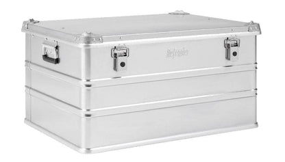 The Defender KA74-010 is a rectangular silver metal storage box with latches and side handles, displayed on a white background. It features a custom routed foam interior and a 155L capacity for secure transport.
