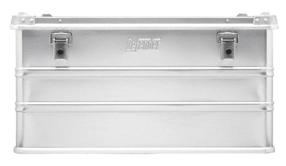 The Defender KA74-010 is a rectangular silver metal toolbox with latch closures, a front embossed logo, and a custom routed foam interior, shown against a white background.