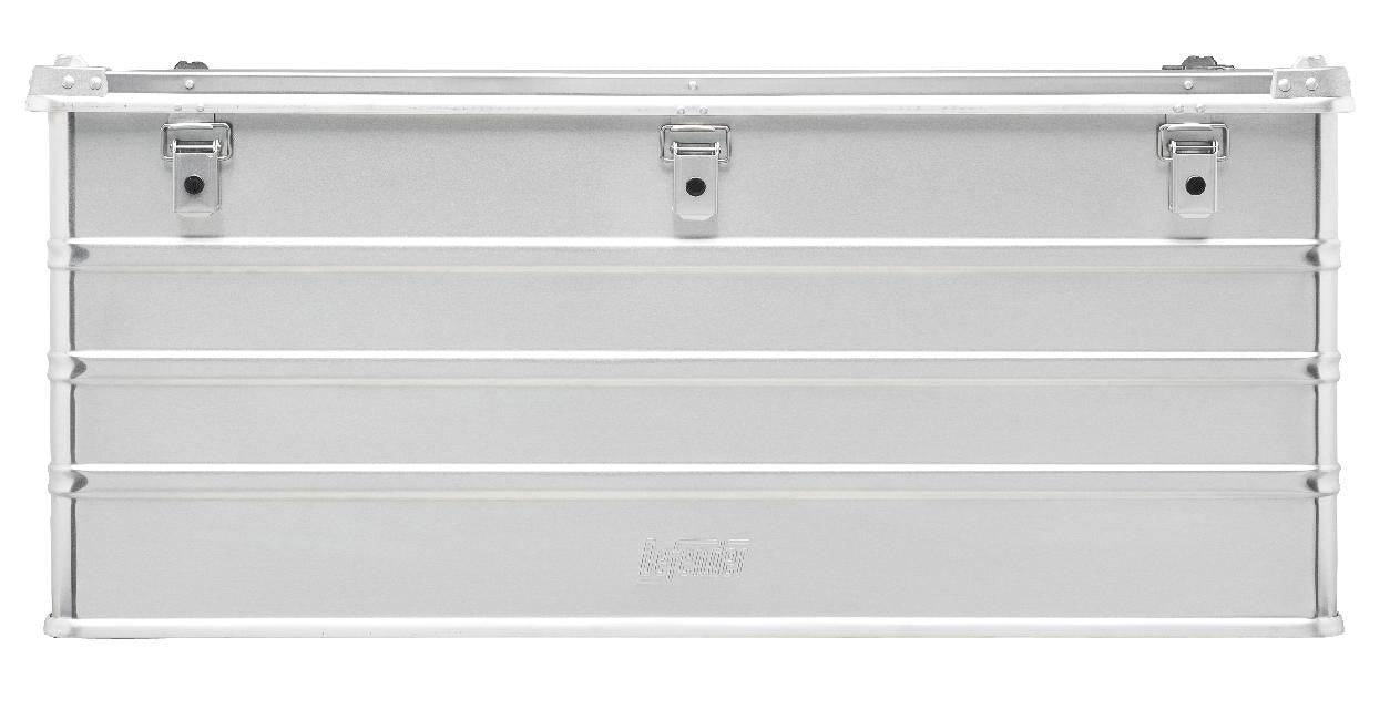 The Defender KA74-012 is a rectangular silver metal storage box with three top-edge latches, horizontal ridges, a plain front, and custom routed foam inside to securely protect your items.