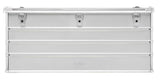 The Defender KA74-012 is a rectangular silver metal storage box with three top-edge latches, horizontal ridges, a plain front, and custom routed foam inside to securely protect your items.
