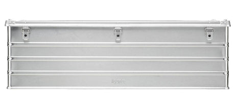 The Defender KA74-013 is a rectangular silver metal toolbox with horizontal ridges, three front latches, a flat hinged top, and a custom routed foam interior for secure tool storage.