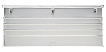 The Defender KA74-014 is a rectangular metal storage box with three top latch closures, horizontal ridges across the front, and a custom routed foam interior for secure organization.