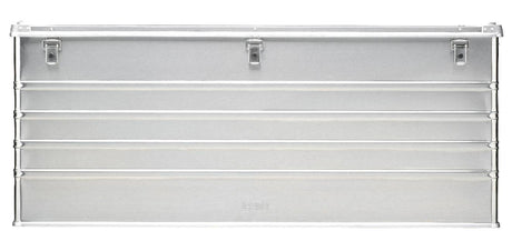 The Defender KA74-014 is a rectangular metal storage box with three top latch closures, horizontal ridges across the front, and a custom routed foam interior for secure organization.