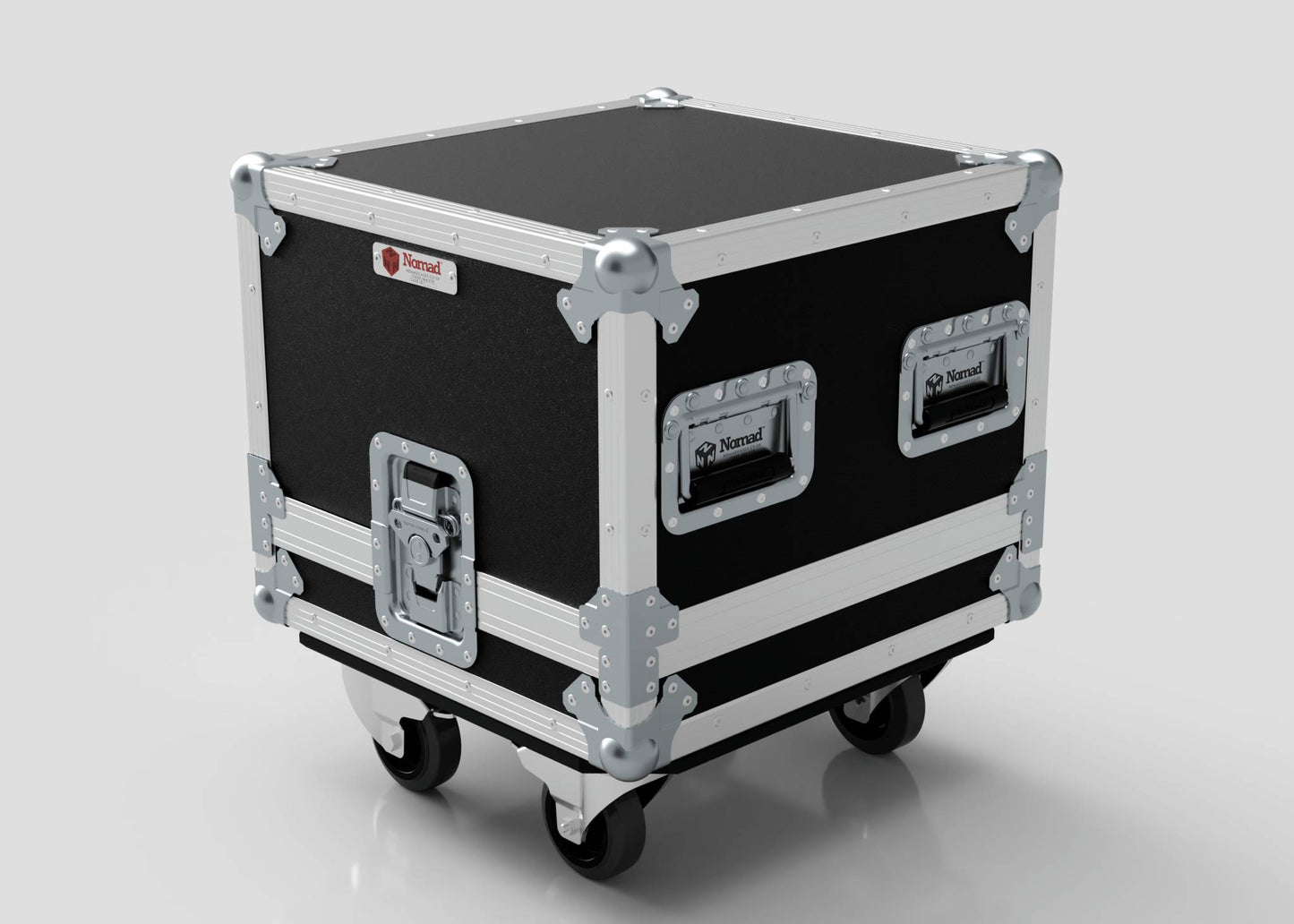 The Diff Case is a black and silver hard case with metal reinforcements, a handle, latches, caster wheels, and a durable build. Shown on a plain light background, it features precise external dimensions in mm.