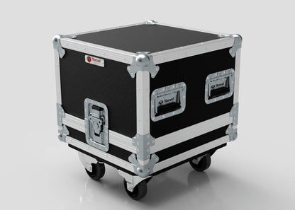 The Diff Case is a black and silver hard case with metal reinforcements, a handle, latches, caster wheels, and a durable build. Shown on a plain light background, it features precise external dimensions in mm.