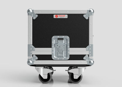 A black and silver Diff Case road case with metal reinforcements, latches, Nomad label, and heavy-duty caster wheels is shown against a plain backdrop. External dimensions are in mm for precise fit and transport.